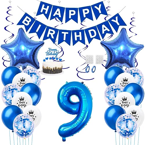 Daimay 9. Geburtstag Dekorationen Blau Geburtstagsdeko Mann Frauen Happy Birthday Banner Konfetti Luftballons Nummer Folienballons Stern Mylar Ballon Tortendeko für 9 Jahre Geburtstagsdeko von Daimay