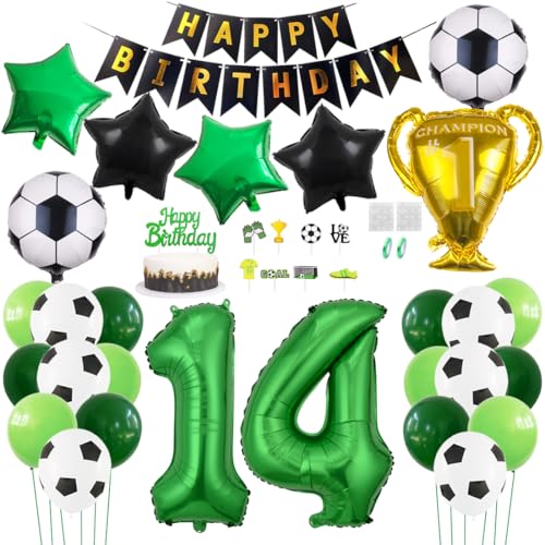 Daimay Fußball Luftballon 14 Jahre Geburtstag Deko Fussball Party Geburtstagsfeier Ballon Zubehör Set Grün Fußball Thema Party Happy Birthday Banner Fussball Tortendeko für Kinder Jungen Fußballfans von Daimay