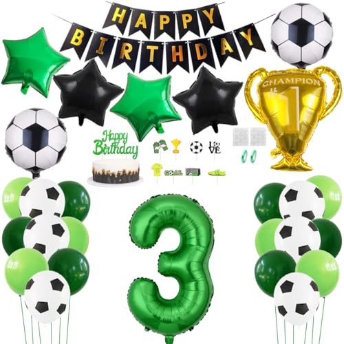 Daimay Fußball Luftballon 3 Jahre Geburtstag Deko Fussball Party Geburtstagsfeier Ballon Zubehör Set Grün Fußball Thema Party Happy Birthday Banner Fussball Tortendeko für Kinder Jungen Fußballfans von Daimay
