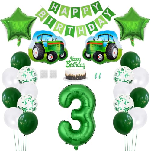 Daimay Traktor Geburtstag Deko 3 Jahre Auto Foil Balloon Happy Birthday Banner Trecker Luftballons Bauernhof Geburtstagsdeko Grün Folienballon Traktor Bagger Tortendeko für Jungen Party Dekoration von Daimay