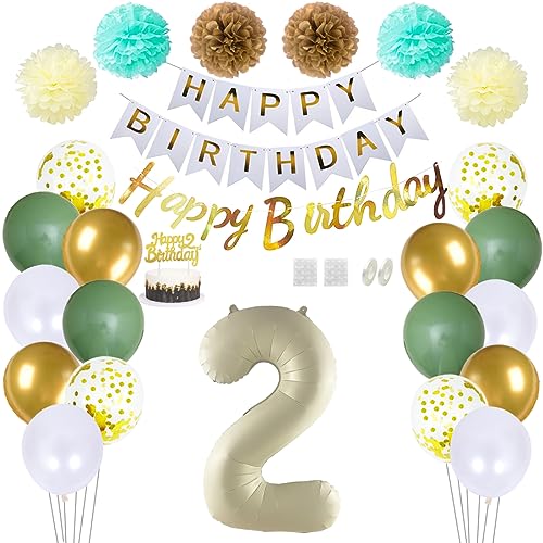 Daimay 2 Geburtstag Deko Frauen Mann Grün Beige Geburtstag Luftballon Dekoration Gold Weiß Party Deco Happy Birthday Girlande 2 Jahr Geburtstagdeko Ballons Pompons Konfetti Luftballons Tortenaufsatz von Daimay