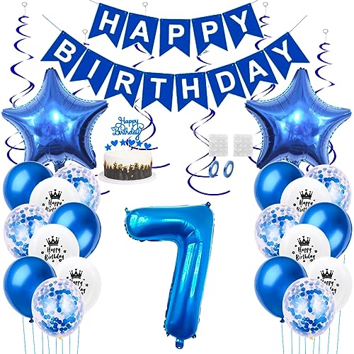 Daimay 7. Geburtstag Dekorationen Blau Geburtstagsdeko Mann Frauen Happy Birthday Banner Konfetti Luftballons Nummer Folienballons Stern Mylar Ballon Tortendeko für 7 Jahre Geburtstagsdeko von Daimay