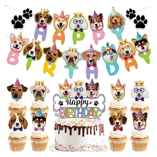 Daimay Haustier Hund Geburtstag Dekoration Hut Hund Banner Hängende Spiralen Hund Girlande Kuchendeckel Welpen Cupcake Topper Kuchen Topper Geburtstags Party Dekorationen Hund Gesicht Banner von Daimay