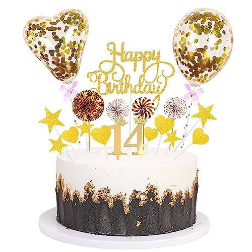 Daimay Tortenaufsätze Geburtstag Tortendeko Cake Topper Kuchen Deko Happy Birthday kuchendeko Boho Torten Topper Cupcake Muffin Topper Ballon Glitter Stern Konfetti Luftballon - Gold 14 von Daimay