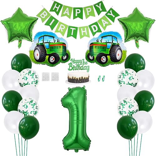 Daimay Traktor Geburtstag Deko 1 Jahre Auto Foil Balloon Happy Birthday Banner Trecker Luftballons Bauernhof Geburtstagsdeko Grün Folienballon Traktor Bagger Tortendeko für Jungen Party Dekoration von Daimay