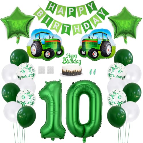 Daimay Traktor Geburtstag Deko 10 Jahre Auto Foil Balloon Happy Birthday Banner Trecker Luftballons Bauernhof Geburtstagsdeko Grün Folienballon Traktor Bagger Tortendeko für Jungen Party Dekoration von Daimay