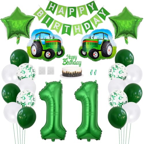 Daimay Traktor Geburtstag Deko 11 Jahre Auto Foil Balloon Happy Birthday Banner Trecker Luftballons Bauernhof Geburtstagsdeko Grün Folienballon Traktor Bagger Tortendeko für Jungen Party Dekoration von Daimay