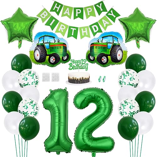 Daimay Traktor Geburtstag Deko 12 Jahre Auto Foil Balloon Happy Birthday Banner Trecker Luftballons Bauernhof Geburtstagsdeko Grün Folienballon Traktor Bagger Tortendeko für Jungen Party Dekoration von Daimay