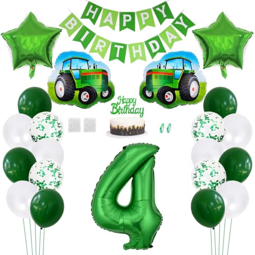 Daimay Traktor Geburtstag Deko 4 Jahre Auto Foil Balloon Happy Birthday Banner Trecker Luftballons Bauernhof Geburtstagsdeko Grün Folienballon Traktor Bagger Tortendeko für Jungen Party Dekoration von Daimay