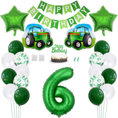 Daimay Traktor Geburtstag Deko 6 Jahre Auto Foil Balloon Happy Birthday Banner Trecker Luftballons Bauernhof Geburtstagsdeko Grün Folienballon Traktor Bagger Tortendeko für Jungen Party Dekoration von Daimay