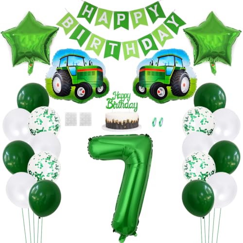 Daimay Traktor Geburtstag Deko 7 Jahre Auto Foil Balloon Happy Birthday Banner Trecker Luftballons Bauernhof Geburtstagsdeko Grün Folienballon Traktor Bagger Tortendeko für Jungen Party Dekoration von Daimay