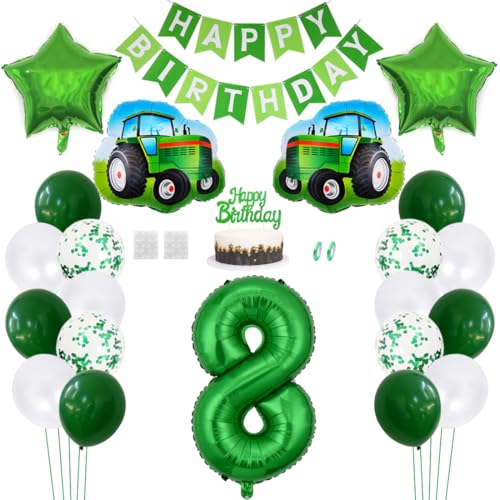 Daimay Traktor Geburtstag Deko 8 Jahre Auto Foil Balloon Happy Birthday Banner Trecker Luftballons Bauernhof Geburtstagsdeko Grün Folienballon Traktor Bagger Tortendeko für Jungen Party Dekoration von Daimay