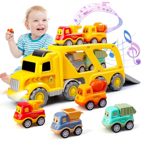 Daioller 5 in 1 Kleinkindautos Spielzeug, Konstruktion LKW Reibung Power Auto für Kleinkind 3 4 5 6 Jahre alt,Cartoon Transporter Spielfahrzeug mit Licht und Musik(Inklusive Batterien) von Daioller