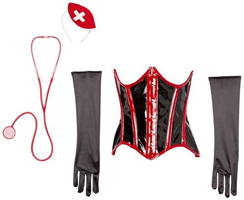 Daisy corsets Damen Übergröße Top Drawer 4 PC Night Nurse Korsett Kostüm, Schwarz/Rot, 3X, Schwarz/Rot, 3X von Daisy Corsets