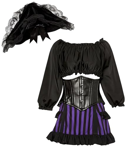 Daisy corsets Top Drawer 4 PC schwarz/lila gestreiftes Premium Piraten Korsett Kostüm, Schwarz, 3X von Daisy Corsets