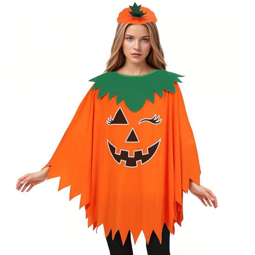 Dajidafu Halloween Kürbis Kostüm Damen Halloween Kostüm Kürbis Umhang Gespenst mit Kopfschmuck Orange für Karneval Cosplay Mottoparty von Dajidafu