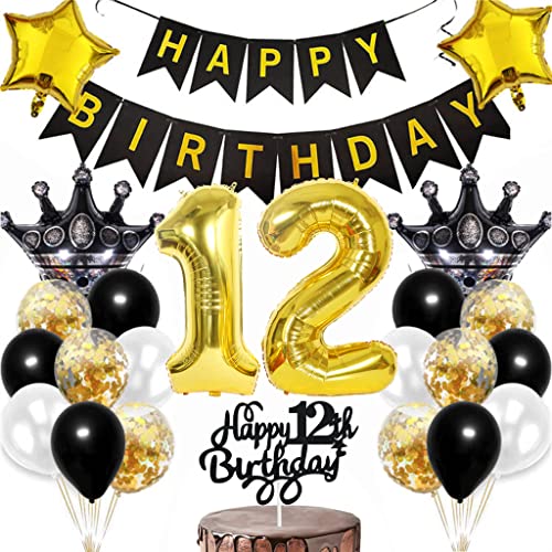 Dalettu 12. Geburtstag Luftballon, Gold, 1 Stück, Jungen & Mädchen, Happy Birthday Deko, Kuchendeko, Zahl, Kinder von Dalettu