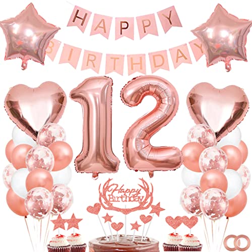 Dalettu Geburtstagdeko 12 Jahre Mädchen, Luftballon 12. Geburtstag Deko, Tortendeko 12 Jahre Geburtstag Mädchen, Folienballon Zahl 12 Rosegold, Happy Birthday Girlande für 12. Geburtstag Party Deko von Dalettu