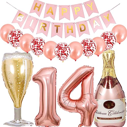 Dalettu Luftballon 14. Geburtstag Deko Mädchen, Folienballon Weinflasche Sektflasche Helium Ballon Deko, Roségold Geburtstagsdeko 14 Jahre Mädchen, Happy Birthday Banner für 14. Geburtstag Party Deko von Dalettu