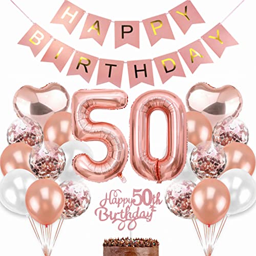 Dalettu Deko 50. Geburtstag Frau, Ballon 50. Geburtstag Deko Frauen, Geburtstagsdeko 50 Jahre Frau, Rosegold Tortendeko Geburtstag 50. Frau, Happy Birthday Banner Deko 50 Geburtstag Frauen von Dalettu