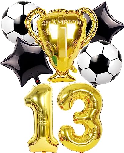 Dalettu Fußball 13. Geburtstag Deko Junge, Luftballons Fußball Geburtstagsdeko 13 Jahre Kinder, Gold Riesen Folienballon Zahlen 13, Fußball Thema 13 Jahr Kindergeburtstag Party Deko Luftballons von Dalettu