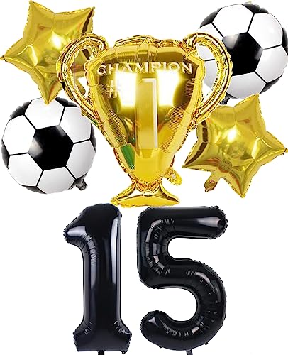 Dalettu Fußball Luftballons 15. Geburtstag Deko, Schwarz, 7 Stück, Fußball Thema, Jungen, Fußballfans, Teenager, unisex, PVC oder PE, 32 cm, Umweltfreundlich und wiederverwendbar von Dalettu
