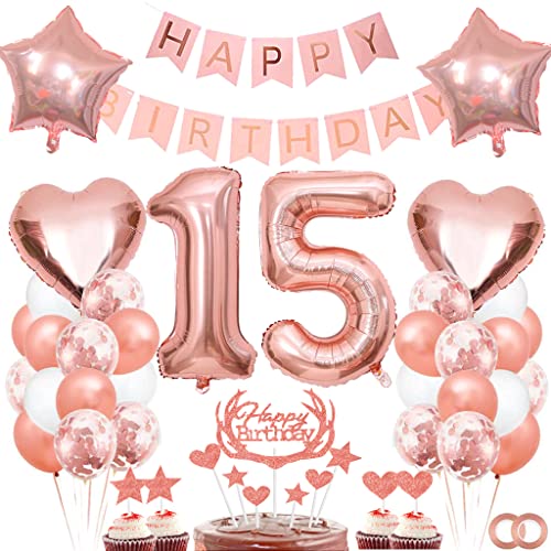 Dalettu Geburtstagdeko 15 Jahre Mädchen, Luftballon 15. Geburtstag Deko, Tortendeko 15 Jahre Geburtstag Mädchen, Folienballon Zahl 15 Rosegold, Happy Birthday Girlande für 15. Geburtstag Party Deko von Dalettu