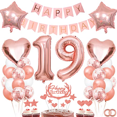 Dalettu 19. Geburtstag Deko Set für Mädchen - Luftballons, Tortendeko, Folienballon Zahl 19 Rosegold, Happy Birthday Girlande - Party Dekoration von Dalettu