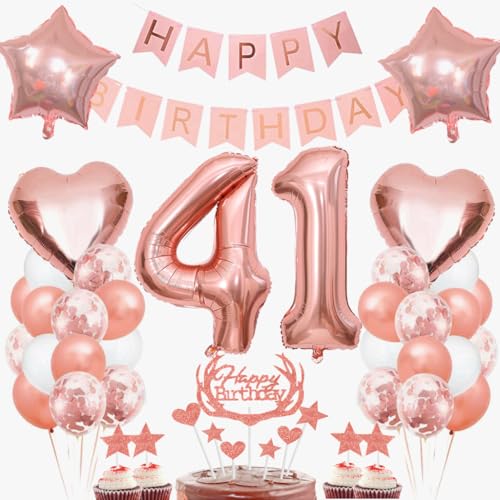 Dalettu 41. Geburtstag Deko Set für Frauen - Luftballons, Tortendeko, Folienballon Zahl 41 Rosegold, Happy Birthday Girlande - Party Dekoration von Dalettu
