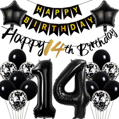 Dalettu Geburtstagsdeko 14 Jahre Mädchen, Luftballon 14. Geburtstag Dekoration Set, Happy 14th Birthday Deko 14 Geburtstag Mädchen Junge, Folienballon Zahl 14 Schwarz, Deko 14. Geburtstag Kinder von Dalettu