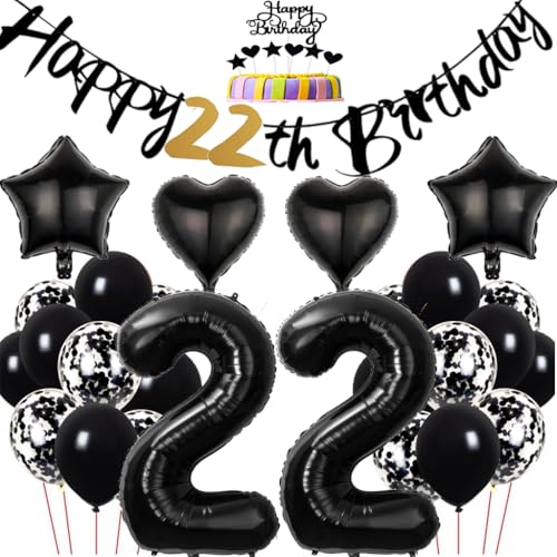 Dalettu Geburtstagsdeko 22 Jahre Frau, Ballons 22. Geburtstag Dekoration, Tortendeko Geburtstag 22 Jahre Frauen, Folienballon Zahl 22 Schwarz, Happy 22th Birthday Deko 22 Geburtstag Frauen Männer von Dalettu