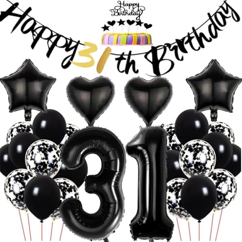 Dalettu Geburtstagsdeko 31 Jahre Frau, Ballons 31. Geburtstag Dekoration, Tortendeko Geburtstag 31 Jahre Frauen, Folienballon Zahl 31 Schwarz, Happy 31th Birthday Deko 31 Geburtstag Frauen Männer von Dalettu