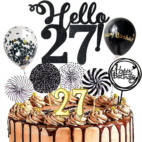 Dalettu Happy Birthday Kuchendeko 27. Geburtstag Mann Frau, Schwarz Tortendeko Happy 27th Birthday, Glitzer Kuchen Dekoration mit Ballons Konfetti für Geburtstagstorte Deko 27 Jahre Frauen Männer Dalettu Happy Birthday Kuchendeko 27. Geburtstag Mann Frau, Schwarz Tortendeko Happy 27th Birthday, Glitzer Kuchen Dekoration mit Ballons Konfetti für Geburtstagstorte Deko 27 Jahre Frauen Männer von Dalettu