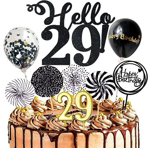 Dalettu Happy Birthday Kuchendeko 29. Geburtstag Mann Frau, Schwarz Tortendeko Happy 29th Birthday, Glitzer Kuchen Dekoration mit Ballons Konfetti für Geburtstagstorte Deko 29 Jahre Frauen Männer Dalettu Happy Birthday Kuchendeko 29. Geburtstag Mann Frau, Schwarz Tortendeko Happy 29th Birthday, Glitzer Kuchen Dekoration mit Ballons Konfetti für Geburtstagstorte Deko 29 Jahre Frauen Männer von Dalettu