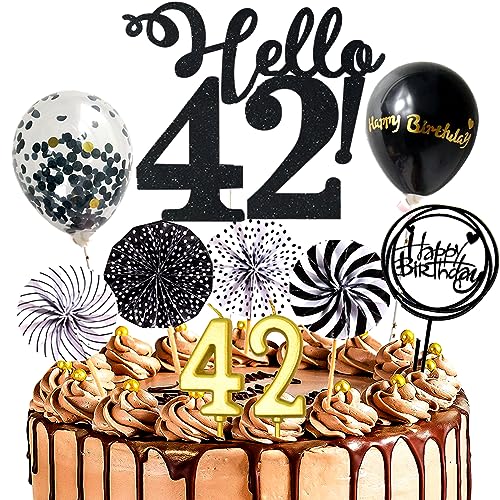 Dalettu Happy Birthday Kuchendeko 42. Geburtstag Mann Frau, Schwarz Tortendeko Happy 42th Birthday, Glitzer Kuchen Dekoration mit Ballons Konfetti für Geburtstagstorte Deko 42 Jahre Frauen Männer Dalettu Happy Birthday Kuchendeko 42. Geburtstag Mann Frau, Schwarz Tortendeko Happy 42th Birthday, Glitzer Kuchen Dekoration mit Ballons Konfetti für Geburtstagstorte Deko 42 Jahre Frauen Männer von Dalettu