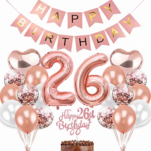 Dalettu Deko 26. Geburtstag Frau, Ballon 26. Geburtstag Deko Frauen, Geburtstagsdeko 26 Jahre Frau, Rosegold Tortendeko Geburtstag 26. Frau, Happy Birthday Banner Deko 26 Geburtstag Frauen von Dalettu