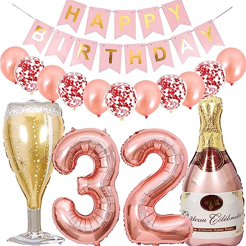 Dalettu Luftballon 32. Geburtstag Deko Frau, Folienballon Weinflasche Sektflasche Rose Gold Helium Ballon Deko, Geburtstagsdeko 32 Jahre Frauen, Happy Birthday Banner für 32 Jahr Geburtstag Party Deko von Dalettu