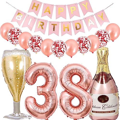 Dalettu Luftballon 38. Geburtstag Deko Frau, Folienballon Weinflasche Sektflasche Rose Gold Helium Ballon Deko, Geburtstagsdeko 38 Jahre Frauen, Happy Birthday Banner für 38 Jahr Geburtstag Party Deko von Dalettu