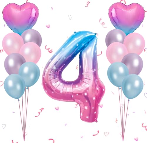Dalettu Luftballon 4. Geburtstag Mädchen Deko, Ballons Sternenhimmel Zahl 4 Luftballon, Latexballons HellRosa Blau Lila Herz Folienballon Zahl 4 für Mädchen Kinder 4. Geburtstag Party Dek von Dalettu