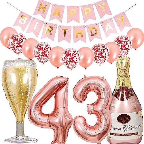 Dalettu Luftballon 43. Geburtstag Deko Frau, Folienballon Weinflasche Sektflasche Rose Gold Helium Ballon Deko, Geburtstagsdeko 43 Jahre Frauen, Happy Birthday Banner für 43 Jahr Geburtstag Party Deko von Dalettu