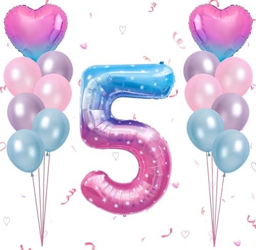 Dalettu Luftballon 5. Geburtstag Mädchen Deko, Ballons Sternenhimmel Zahl 5 Luftballon, Latexballons HellRosa Blau Lila Herz Folienballon Zahl 5 für Mädchen Kinder 5. Geburtstag Party Dek von Dalettu