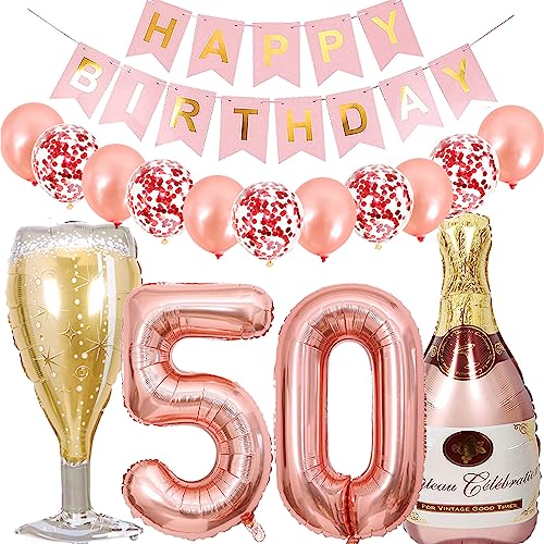 Dalettu Luftballon 50. Geburtstag Deko Frau, Folienballon Weinflasche Sektflasche Rose Gold Helium Ballon Deko, Geburtstagsdeko 50 Jahre Frauen, Happy Birthday Banner für 50 Jahr Geburtstag Party Deko von Dalettu