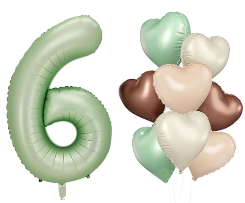 Dalettu Luftballon 6. Geburtstag Mädchen Deko, 8 Stück Olivgrün Beige Braune Aprikosen Herz, Ballons Olivgrün Zahl 6 Luftballon, Folienballon Nummer für Mädchen Kinder 6. Geburtstag Party Deko von Dalettu