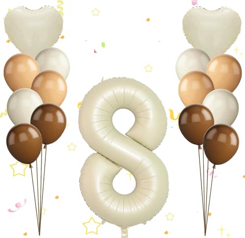Dalettu Luftballon 8. Geburtstag Mädchen Deko, Ballons Cremeweiß Zahl 8 Luftballon, Happy Birthday Ballons Aprikose Braun Nummer 8 Herz Folienballon für Mädchen Kinder 8. Geburtstag Party Deko von Dalettu