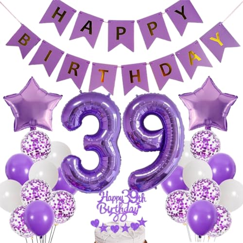 Dalettu Luftballons 39. Geburtstag Dekoration, Tortendeko Happy 39th Birthday Deko 39 Jahre Frau, Folienballon Zahl 39 Lila, Deko 39. Geburtstag Frauen, Lila Geburtstagsdeko 39 Jahr Männer Frauen von Dalettu