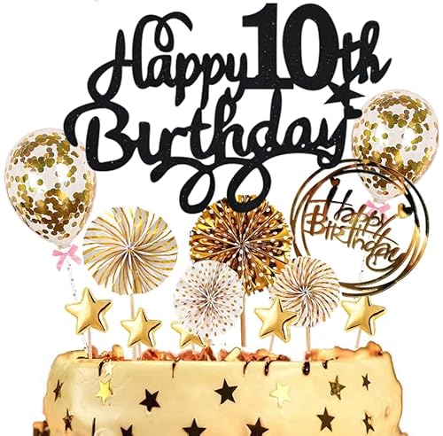 Dalettu Tortendeko 10. Geburtstag Jungen Mädchen, Kuchen Topper Happy 10th Birthday Schwarz, Kuchen Dekoration mit Luftballons Konfetti und Papierfächer für 10. Geburtstag Jungen Party Dekoration von Dalettu