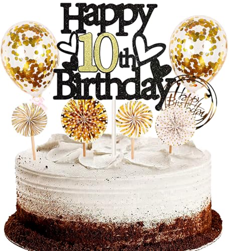 Dalettu Tortendeko 10. Geburtstag Mädchen Junge, Schwarz Cake Topper Deko 10 Geburtstag Mädchen, Kuchen Topper Happy Birthday Ballon Konfetti Papierfächer für Geburtstagstorte Deko 10 Jahre Kinder Dalettu Tortendeko 10. Geburtstag Mädchen Junge, Schwarz Cake Topper Deko 10 Geburtstag Mädchen, Kuchen Topper Happy Birthday Ballon Konfetti Papierfächer für Geburtstagstorte Deko 10 Jahre Kinder von Dalettu