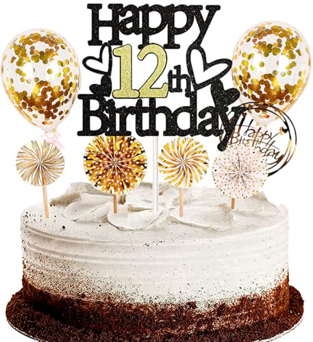 Dalettu Tortendeko 12. Geburtstag Mädchen Junge, Schwarz Cake Topper Deko 12 Geburtstag Mädchen, Kuchen Topper Happy Birthday Ballon Konfetti Papierfächer für Geburtstagstorte Deko 12 Jahre Kinder Dalettu Tortendeko 12. Geburtstag Mädchen Junge, Schwarz Cake Topper Deko 12 Geburtstag Mädchen, Kuchen Topper Happy Birthday Ballon Konfetti Papierfächer für Geburtstagstorte Deko 12 Jahre Kinder von Dalettu