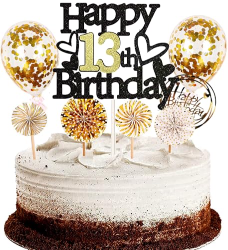 Dalettu Tortendeko 13. Geburtstag Mädchen Junge, Schwarz Cake Topper Deko 13 Geburtstag Mädchen, Kuchen Topper Happy Birthday Ballon Konfetti Papierfächer für Geburtstagstorte Deko 13 Jahre Kinder Dalettu Tortendeko 13. Geburtstag Mädchen Junge, Schwarz Cake Topper Deko 13 Geburtstag Mädchen, Kuchen Topper Happy Birthday Ballon Konfetti Papierfächer für Geburtstagstorte Deko 13 Jahre Kinder von Dalettu