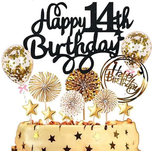 Dalettu Tortendeko 14. Geburtstag Jungen Mädchen, Kuchen Topper Happy 14th Birthday Schwarz, Kuchen Dekoration mit Luftballons Konfetti und Papierfächer für 14. Geburtstag Jungen Party Dekoration von Dalettu